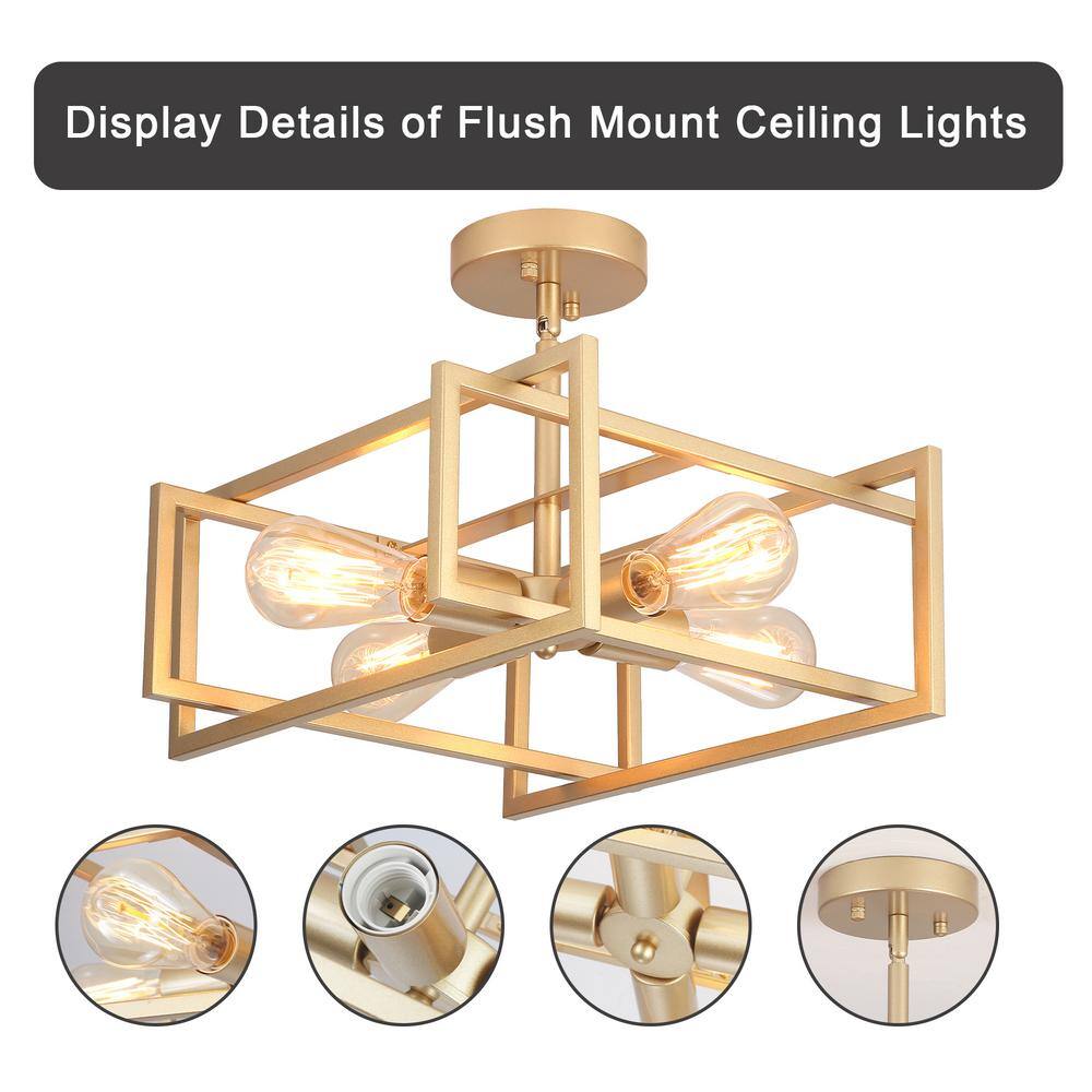 14.96 in. 4-Light Gold Farmhouse Square Frame Semi-Flush Mount Ceiling Light Fixture with Metal Shade - Hercitys