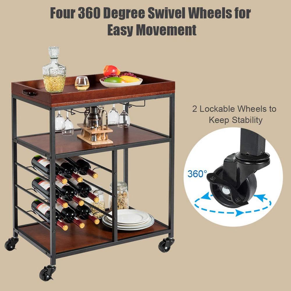 3-Tier Brown Rolling Kitchen Cart with Wine Rack - Hercitys