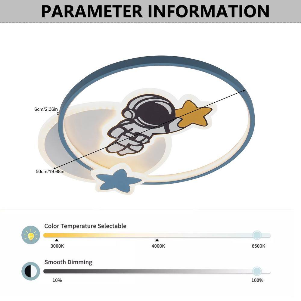 19.68 in. Blue and White Modern Creative Astronaut Dimmable LED Flush Mount Ceiling Light with Remote Control - Hercitys