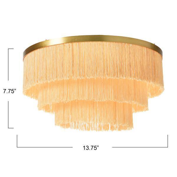 13 3/4 in. 2-Light Sleek Gold Flush Mount with Fringe Shade in Cream - Hercitys