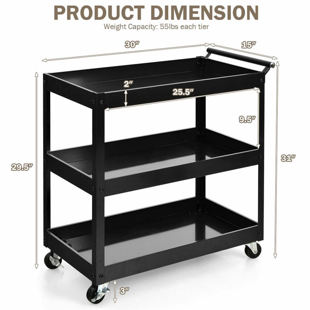 3-Tier Black Rolling Utility Kitchen Cart on Wheels with Steel Frame and Four Wheels - Hercitys