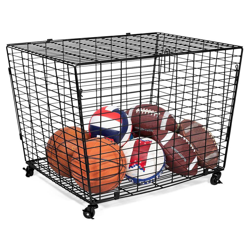 1-Tier Home Black Metal Sports Ball Basket Organizer Garage Storage Shelving Unit with Heavy Duty Casters - Hercitys