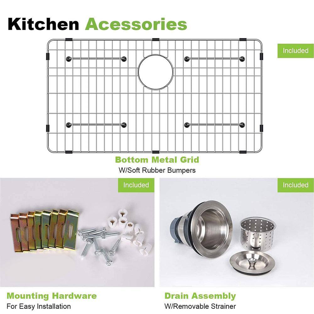 30 in. Undermount Single Bowl 16-Gauge 304 Stainless Steel Kitchen Sink with Bottom Grid and Strainer - Hercitys