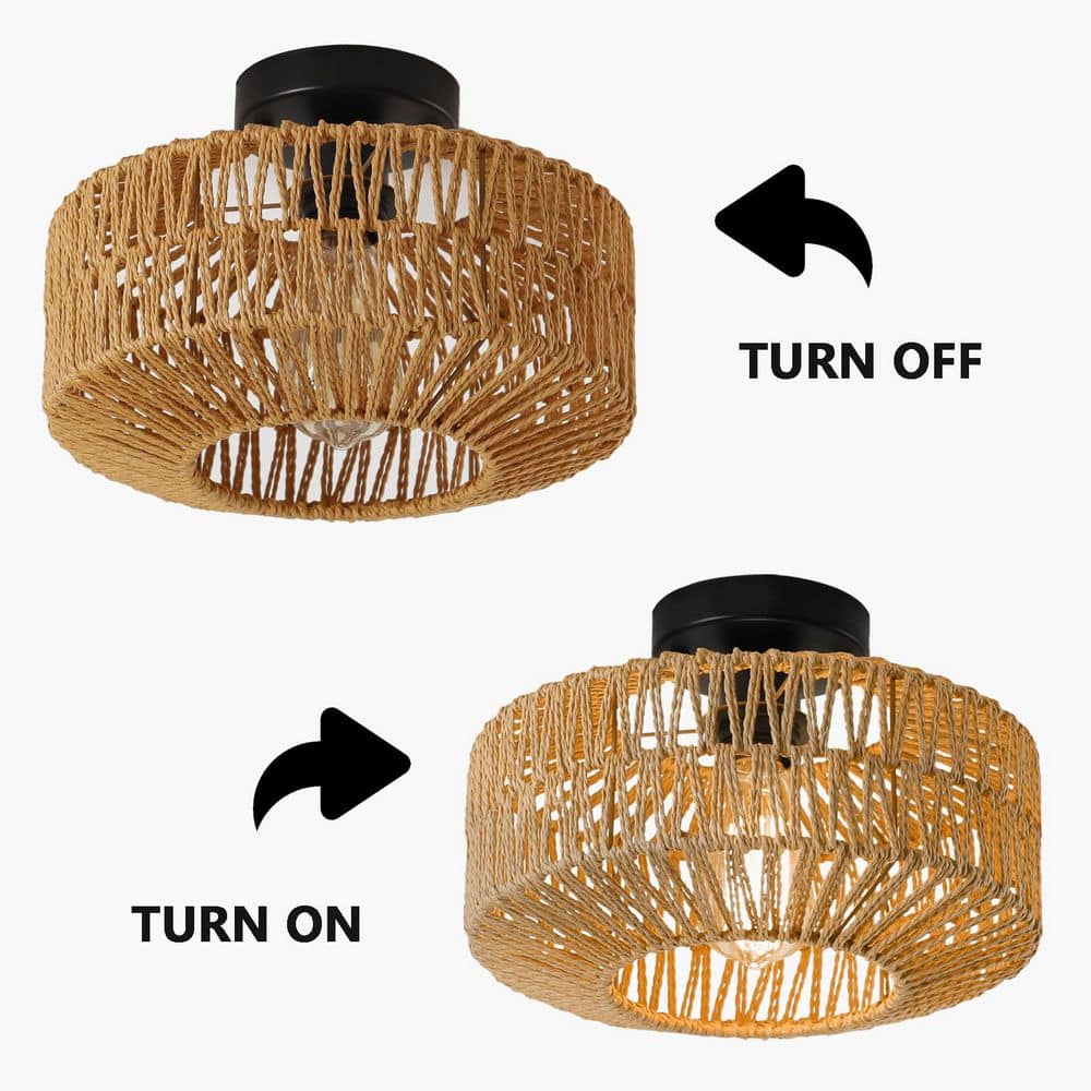 11.8 in. 1-Light Bohemian Natural Rattan Semi-Flush Mount Ceiling Light - Hercitys
