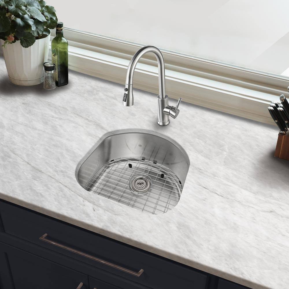 23 in. Undermount Single D-Shape Bowl 18-Gauge Stainless Steel Kitchen Sink with Bottom Grid - Hercitys