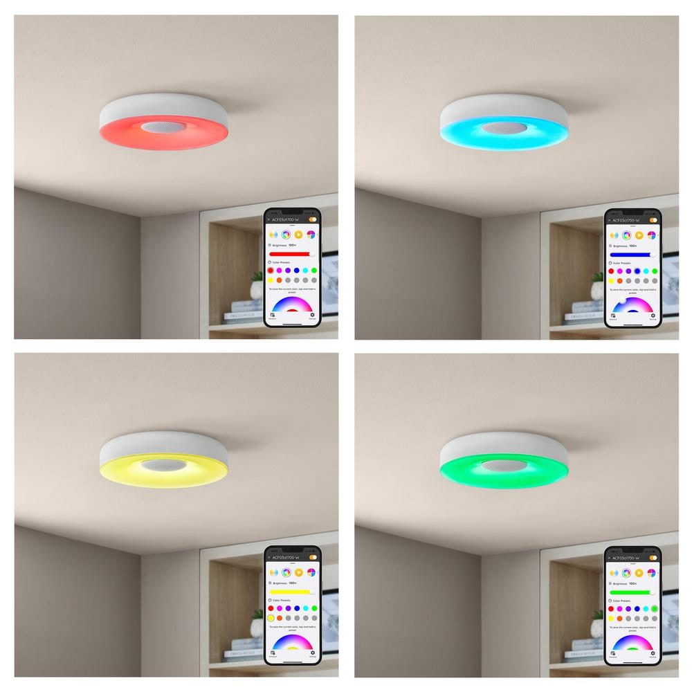 13 in. White Smart Gradient Light Flush Mount with Bluetooth Speaker Powered by Hubspace - Hercitys