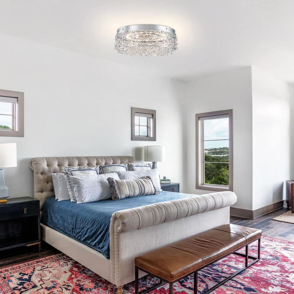 14.17 in. 20-Watt Modern Chrome Metal Round Integrated LED Flush Mount Ceiling Light with Beaded Drum Crystal Shade - Hercitys