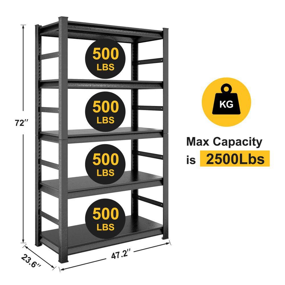 5-Tier 2500lbs Capacity Black Adjustable Heavy Duty Metal Garage Shelving Unit (47.2 in. W x 72 in. H x 23.6 in. D) - Hercitys