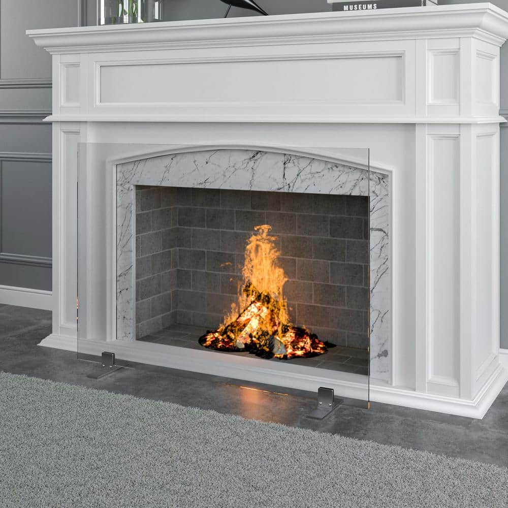 46 in. x 33 in. XL Free Standing Clear Tempered Glass Single Panel Fireplace Screen Flame Guard - Hercitys