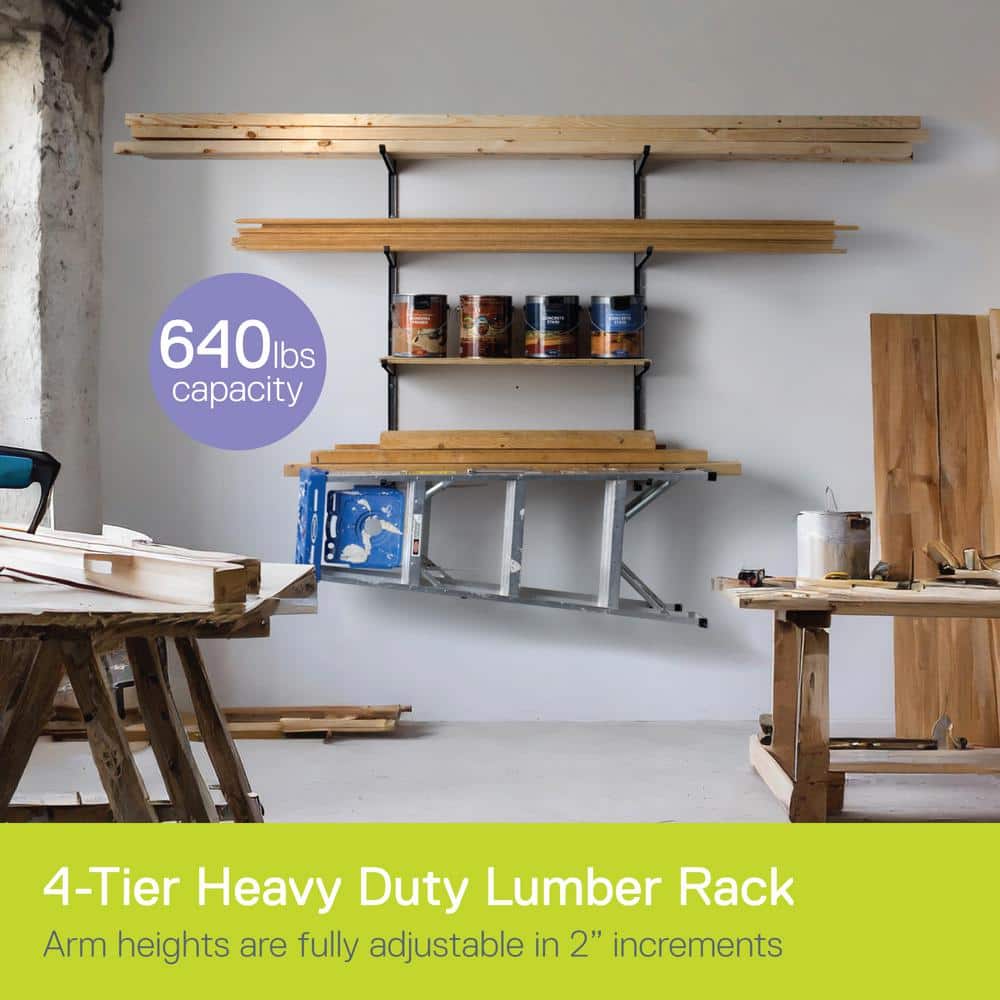 16 in. x 41 in. Heavy Duty Wall Rack, Adjustable 4 Tier Wide Lumber Rack Holds 640 lbs. Steel Garage Wall Shelf Brackets - Hercitys