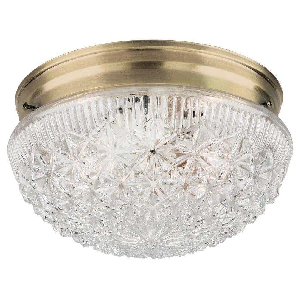 2-Light Ceiling Fixture Antique Brass Interior Flush-Mount with Clear Faceted Glass - Hercitys