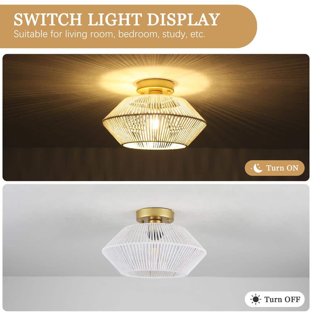 12.59 in. 1-Light Gold and White Metal Semi-Flush Mount Light with Imitation Hemp Rope Shade and No Bulbs Included - Hercitys