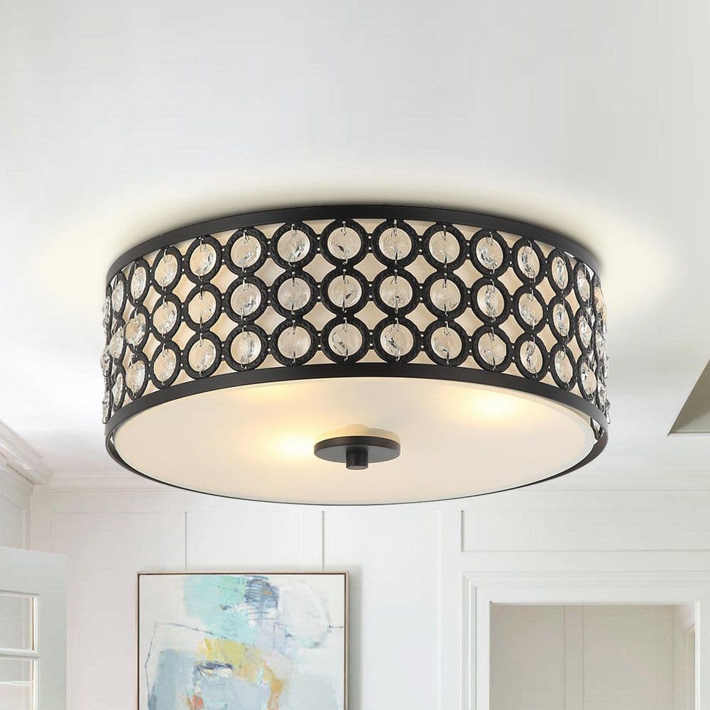 14 in. 3-Light Black Drum Flush Mount Crystal Ceiling Light with Clear Inner Shade - Hercitys