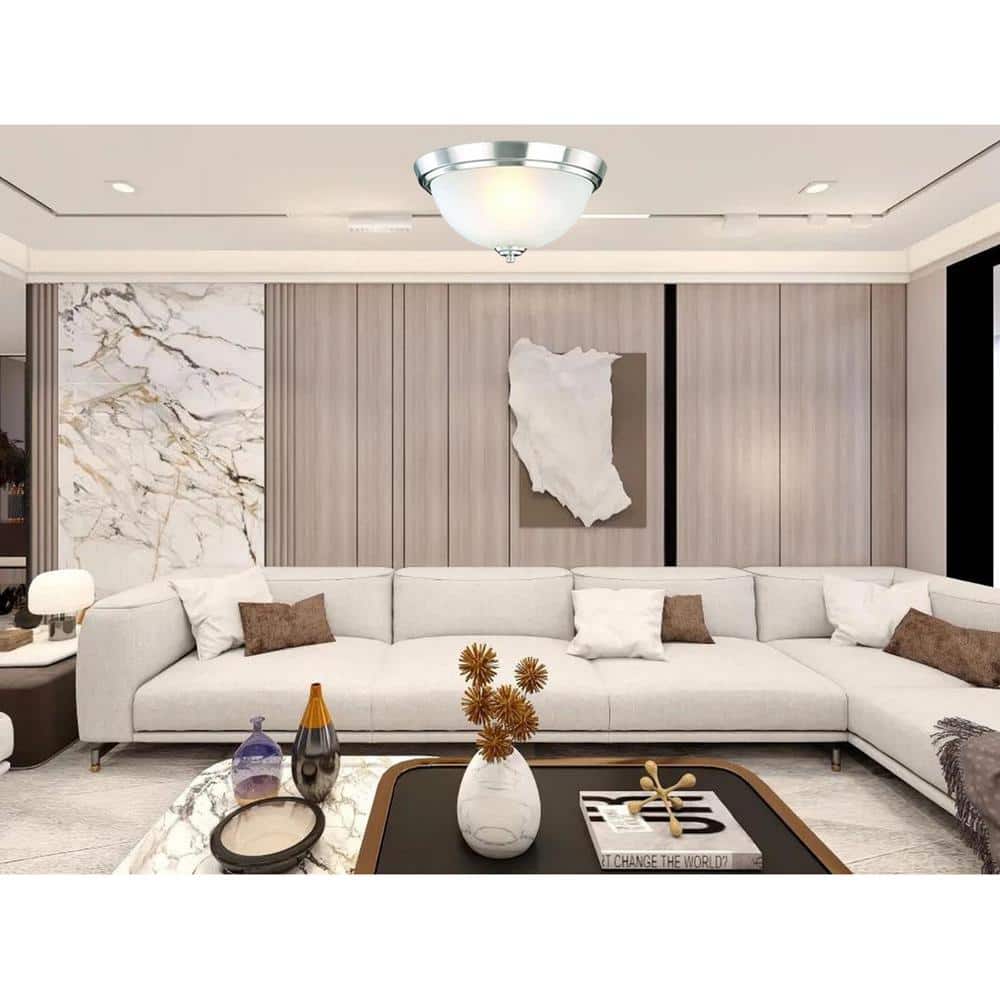 13.5 in. Brushed Nickel Flush Mount Fixture with 2 Bulbs and Alabaster Glass Shade - Hercitys