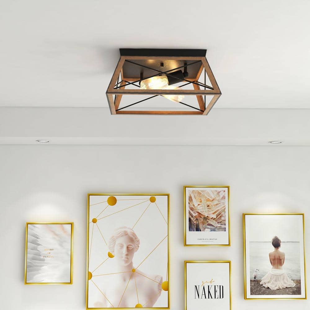 2-Light Farmhouse Barnwood and Matte Black Flush Mount Ceiling Light - Hercitys