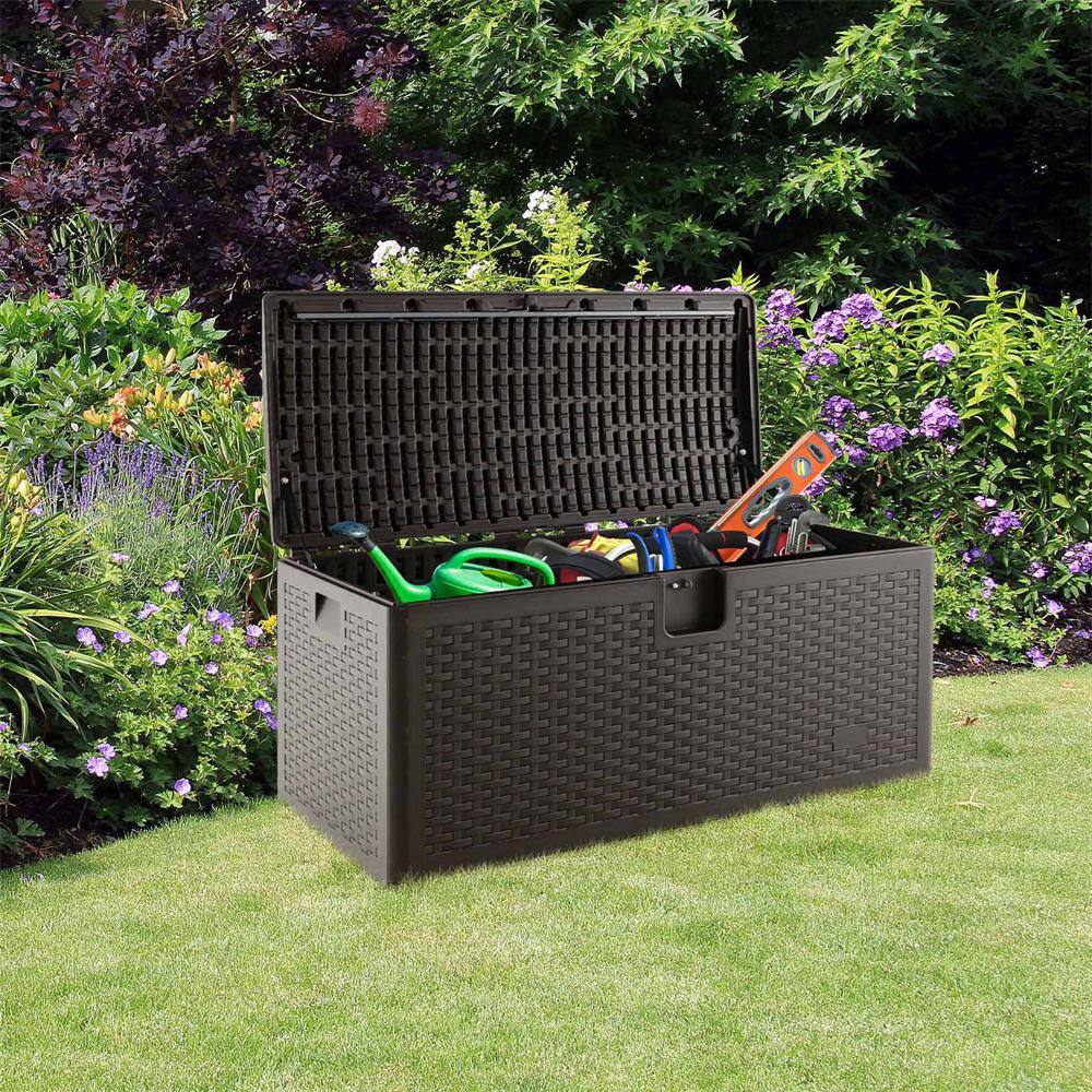 100 Gal. Patio Brown Deck Box Outdoor Waterproof Storage Container for Tools Toys - Hercitys
