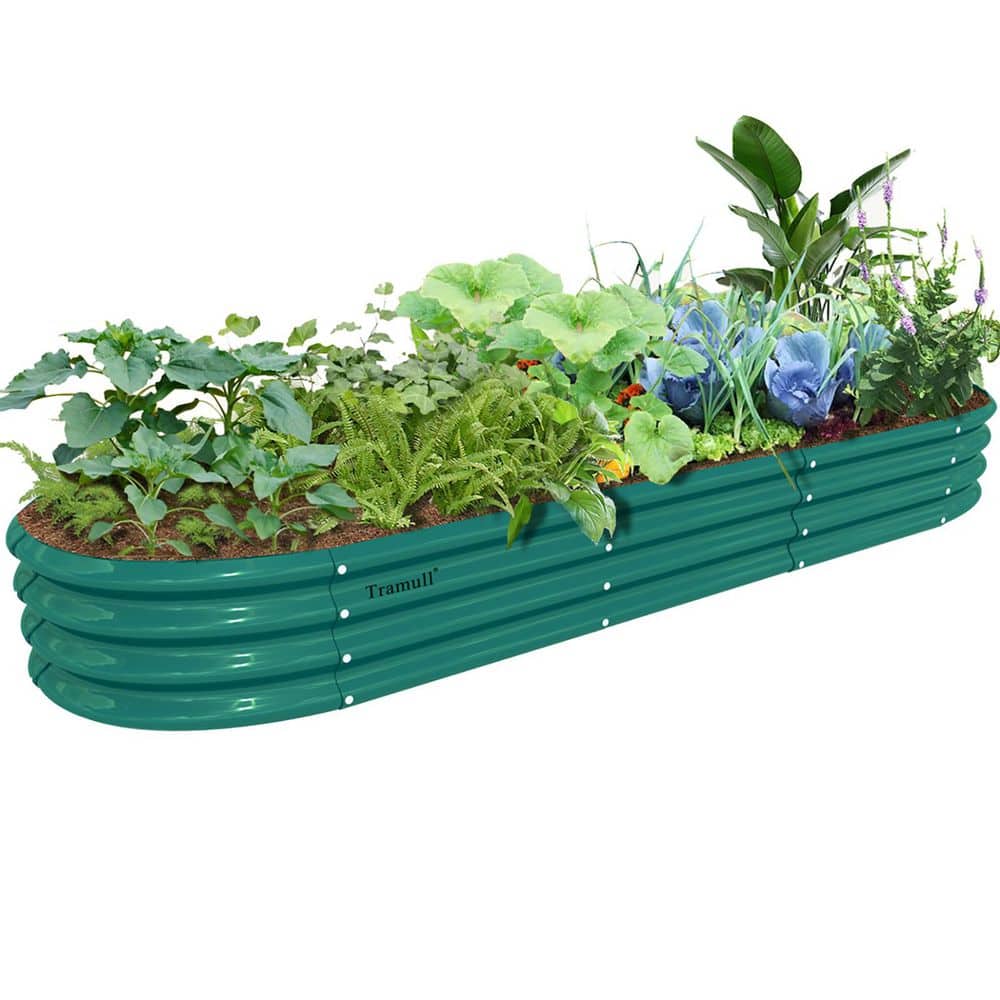 144 in. x 24 in. x 12 in. Green Oval Galvanized Raised Garden Bed, Metal Planter Box for Vegetables Flowers Herbs Fruits - Hercitys