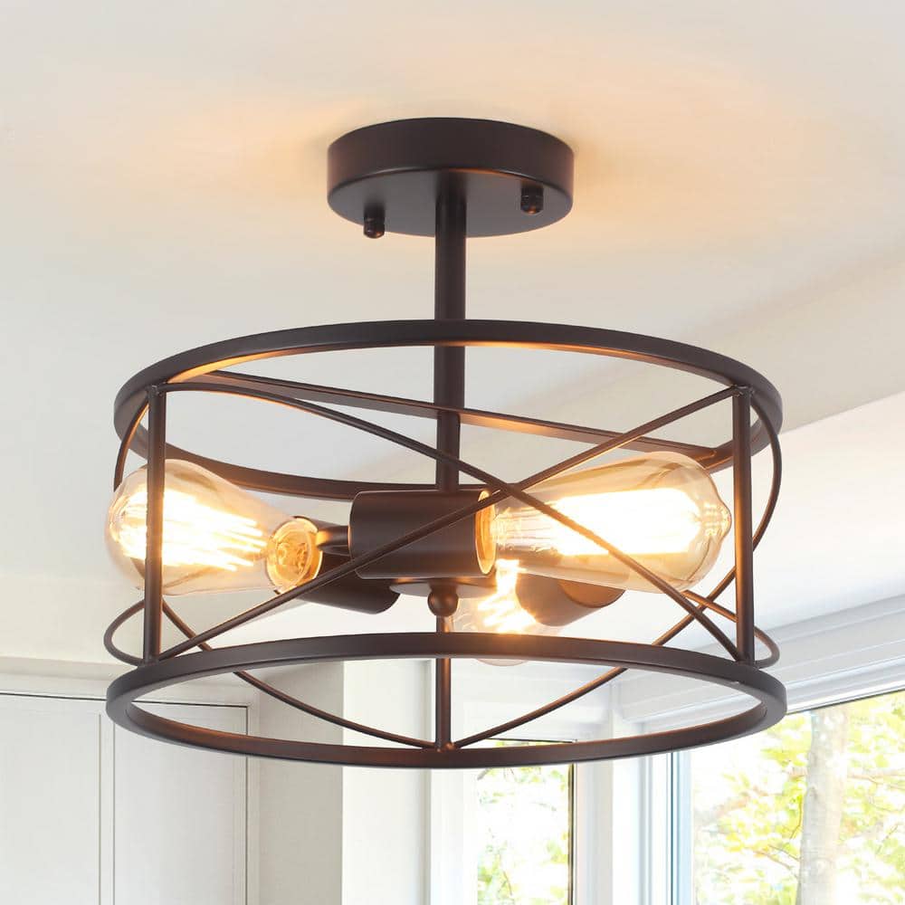 12.6 in. 3-Light Black Semi Flush Mount Ceiling Light Fixture with Metal Cage and No Bulbs Included - Hercitys