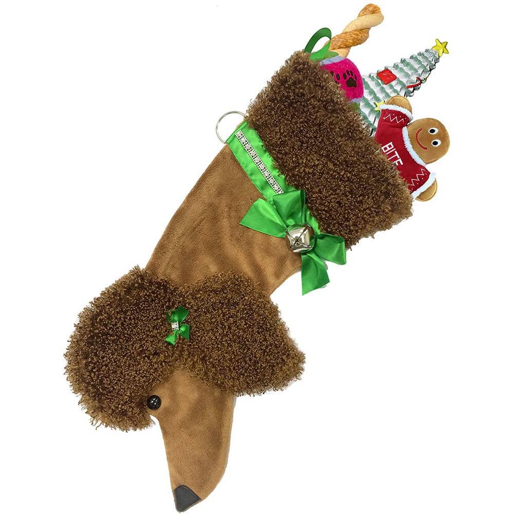 22 in. Brown Poodle Dog Faux Fur Christmas Stocking - Hercitys