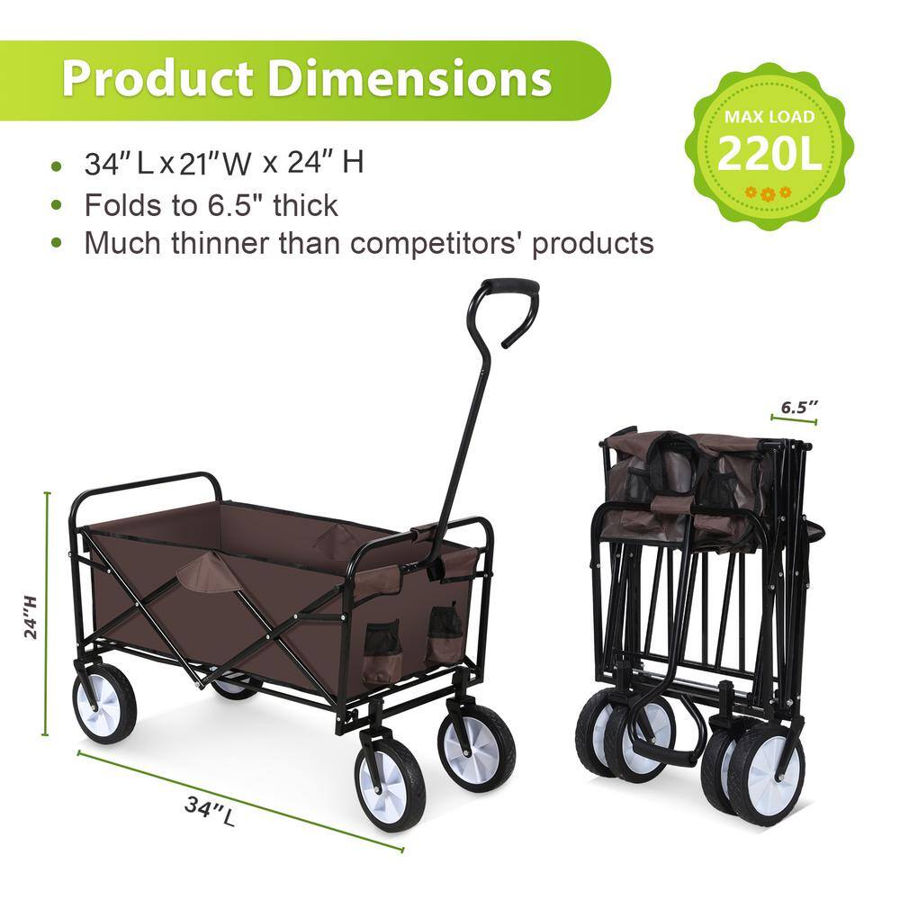4.71 cu. ft. Steel Garden Cart Rolling Collapsible Camping Wagon w/360-Degree Swivel Wheels & Adjustable Handle in Brown - Hercitys