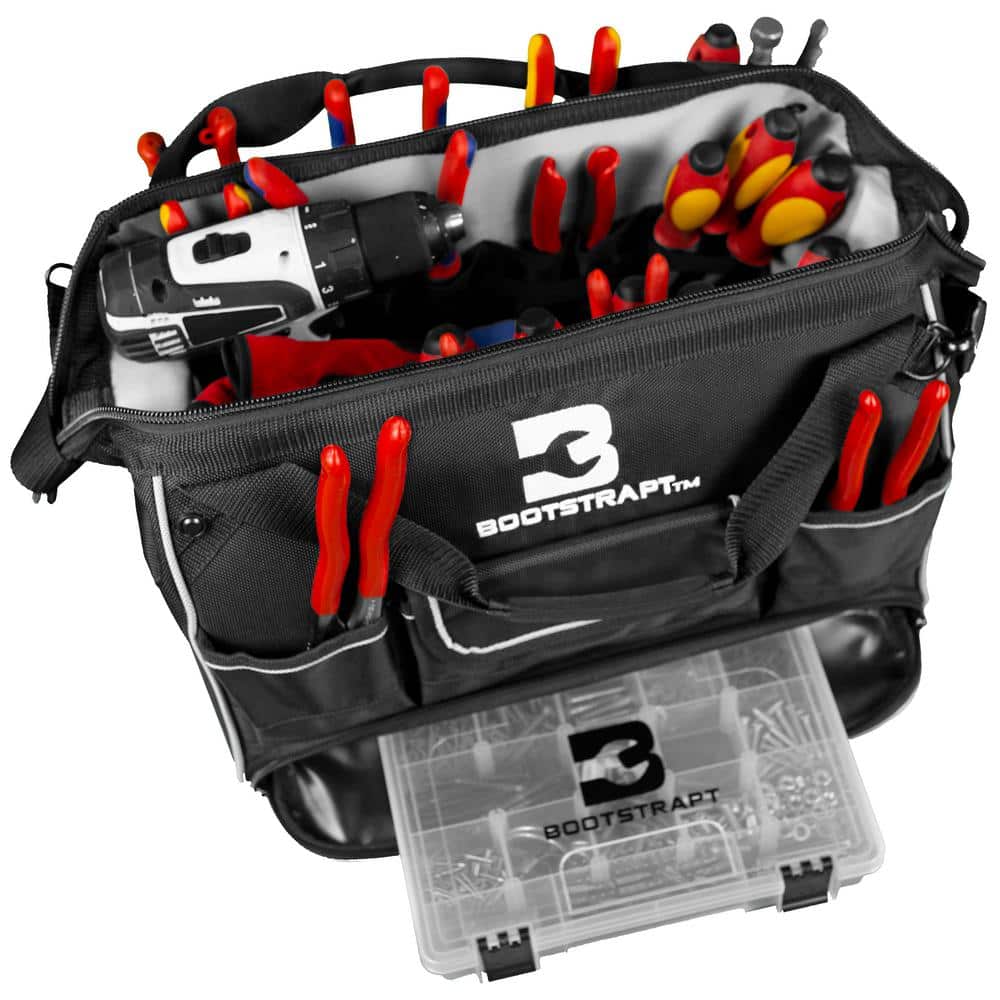 16 in. Large Mouth Tool Bag with Integrated Parts Bin Compartment - Hercitys