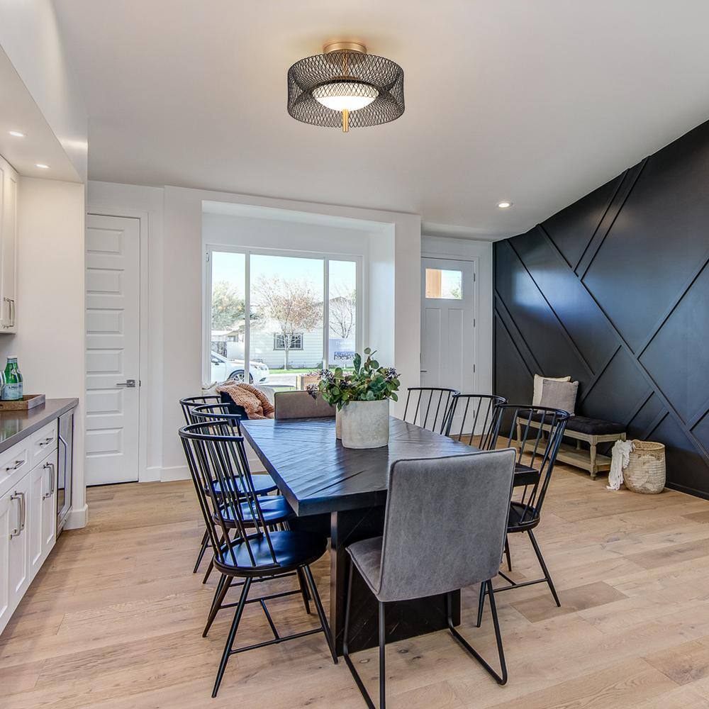 12.6 in. 23-Watt Black/Gold Integrated LED Semi-Flush Mount Ceiling Light with Drum Shade - Hercitys