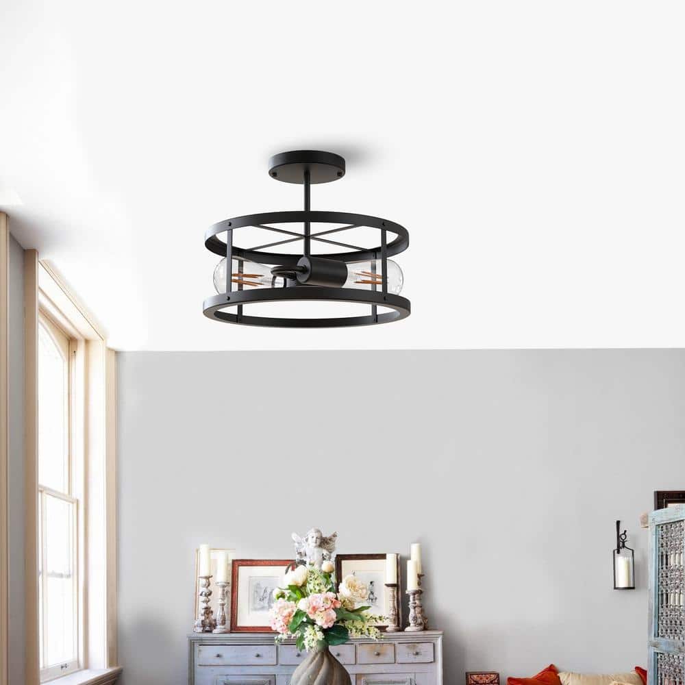 13 in. 2-Light Matte Black Drum Flush Mount - Hercitys