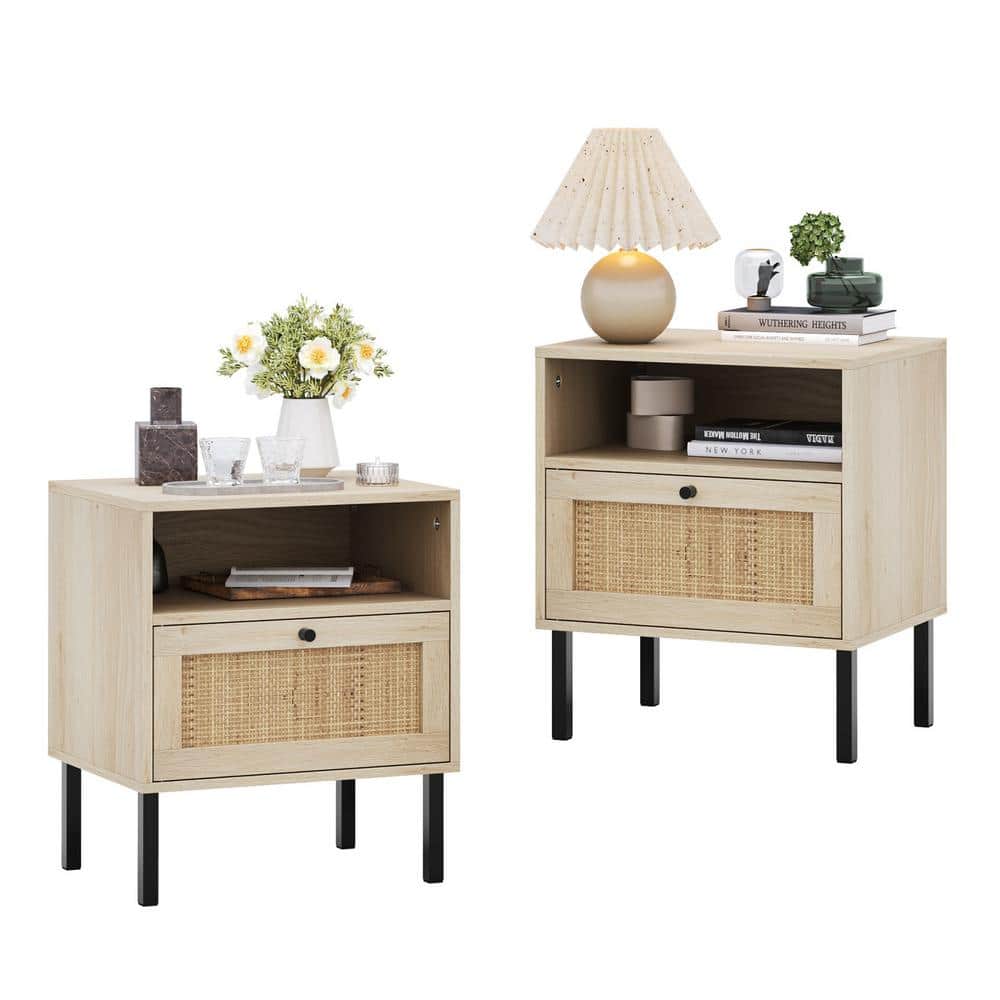 18.58 in. W x 15.04 in. D x 22.09″ H Ready to Assemble Corner Standard Rattan Nightstand in Natural w/ 1 Door (2-Pack) - Hercitys