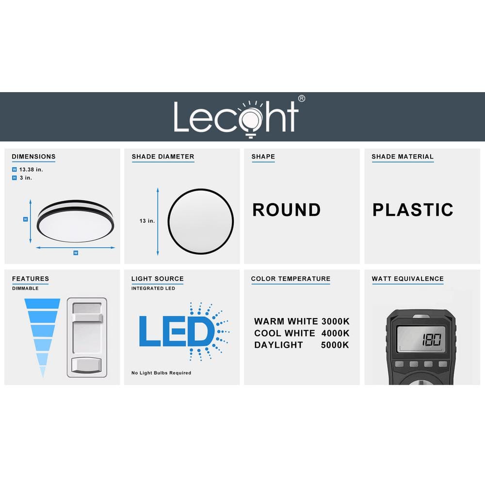 13 in. Matte Black Adjustable CCT Integrated LED Flush Mount 3000K/4000K/5000K Light Fixture - Hercitys