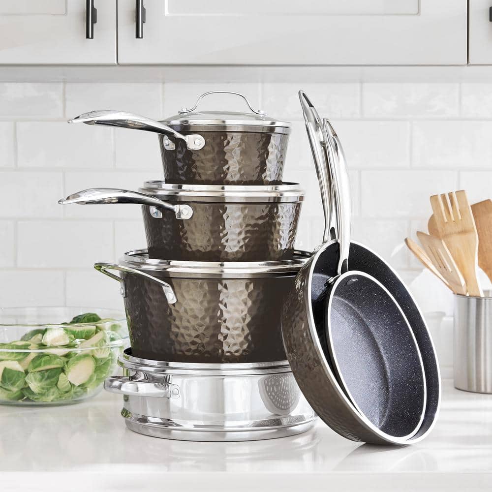 10-Piece Aluminum Hammered Ultra-Durable Non-Stick Diamond Infused Cookware Set in Pewter - Hercitys