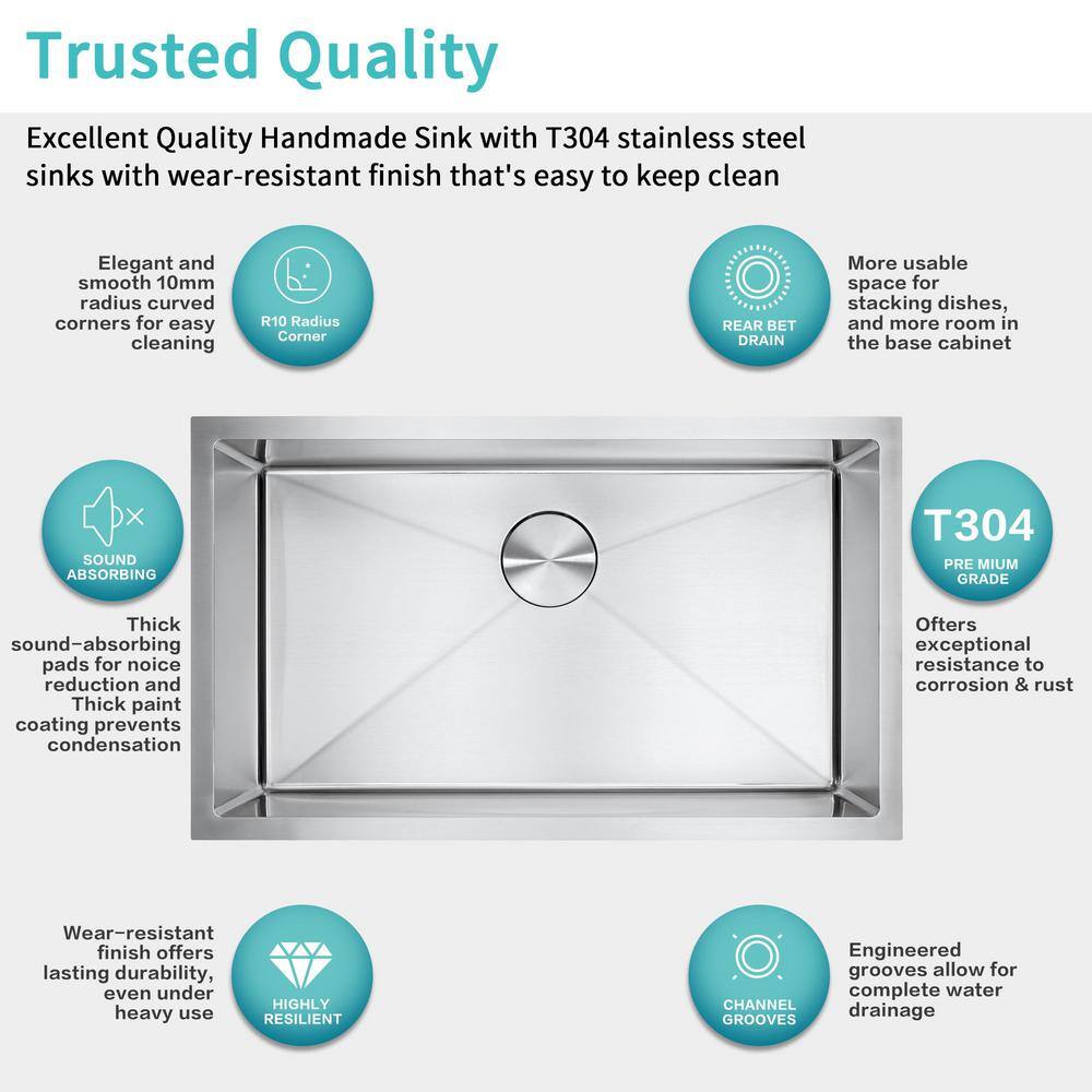 32 in Undermount Single Bowl 18 -Gauge Stainless Steel Kitchen Sink with Bottom Grids - Hercitys
