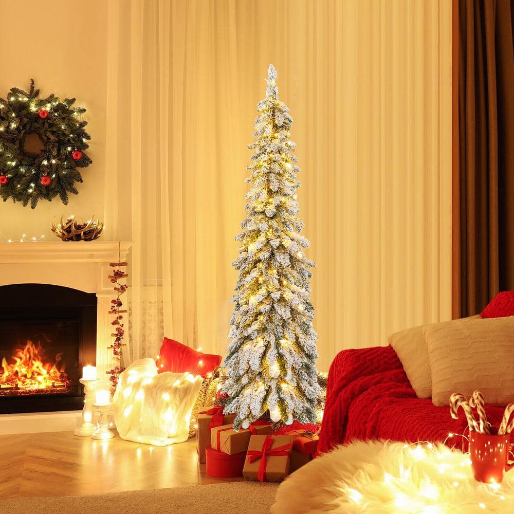5 ft.Hinged Slim Prelit Snow-Flocked Artificial Xmas Christmas Tree with Stand - Hercitys