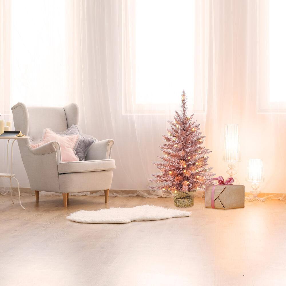 3 ft. Blush Pre-Lit Festive Tinsel Artificial Christmas Tree with Burlap Bag and Warm White LED Lights - Hercitys