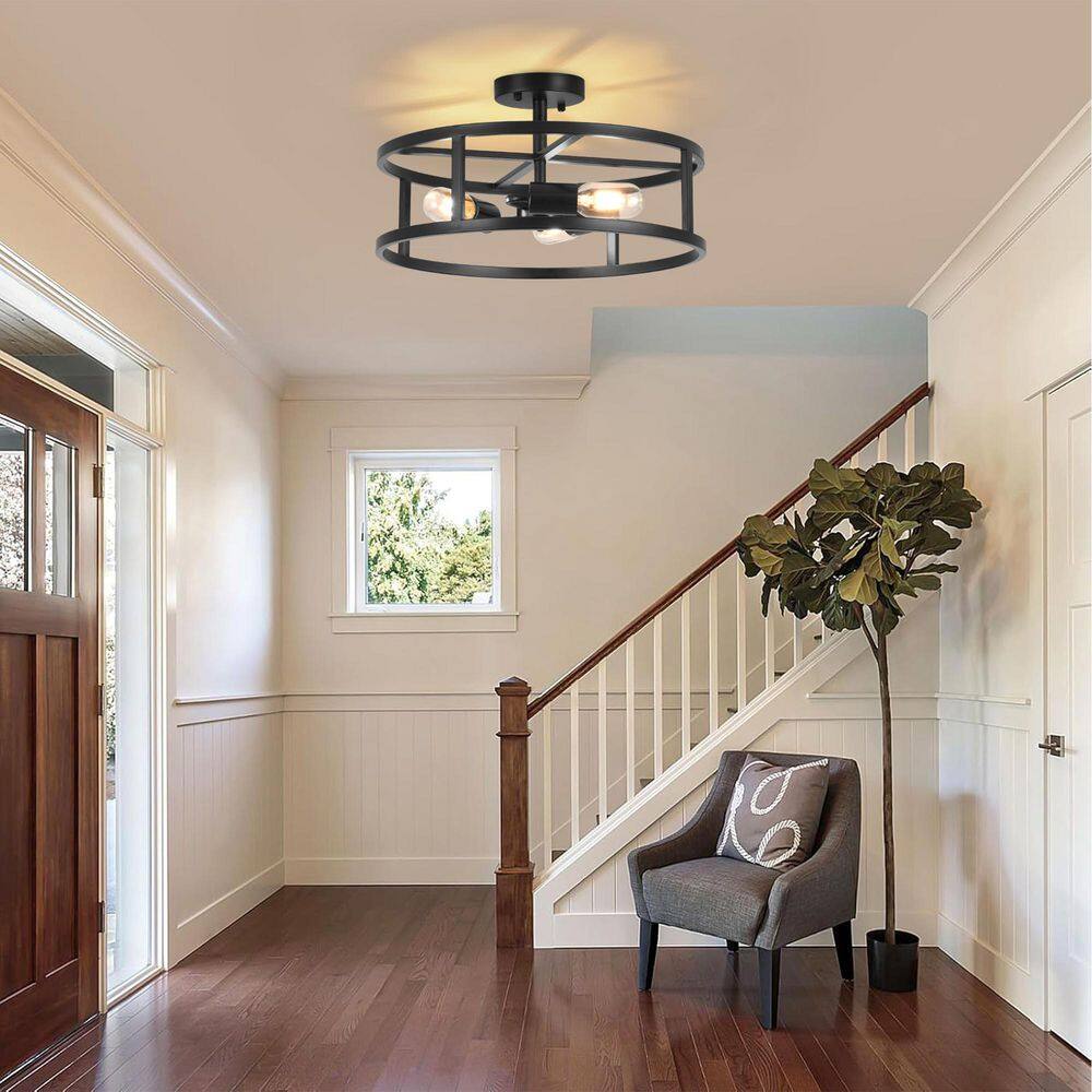 16.5 in. 3-Light Black Drum Semi Flush Mount Ceiling Light with No Bulbs Included - Hercitys