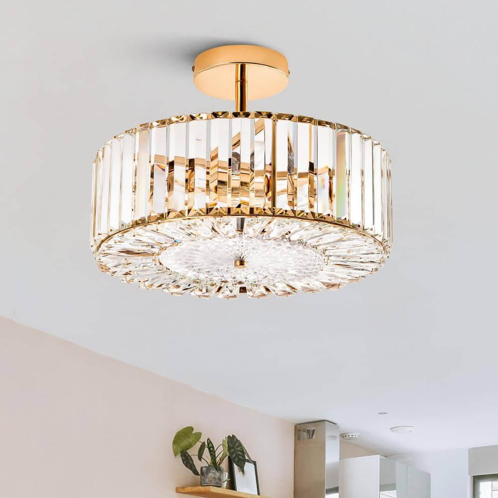 15 in. 4-Light Gold Crystal Semi Flush Mount Ceiling Light With Clear Glass Shade - Hercitys