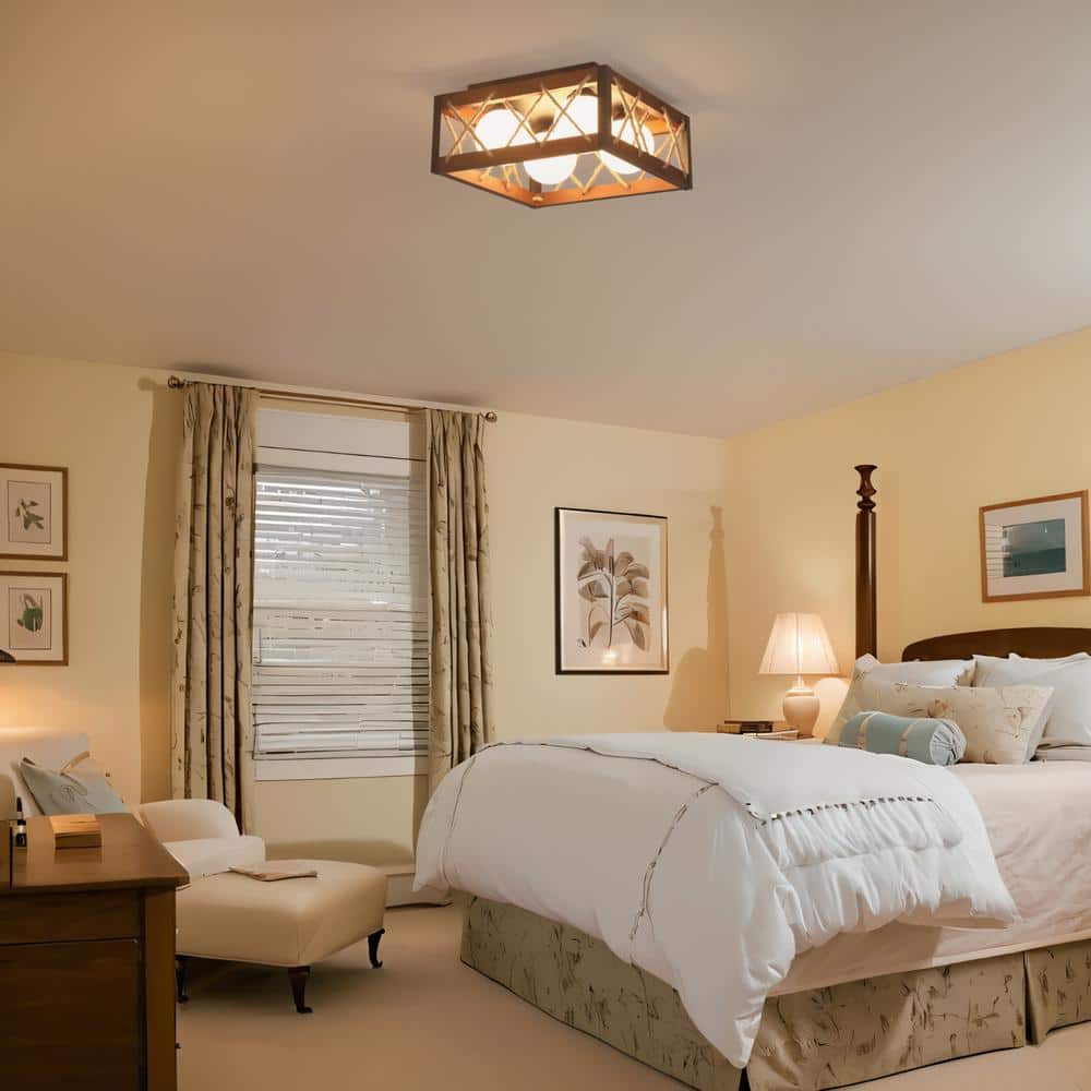 16 in. 25-Watt Farmhouse Rustic Square Wood Dimmable LED Flush Mount Ceiling Light with Acrylic Shatterproof Shade - Hercitys