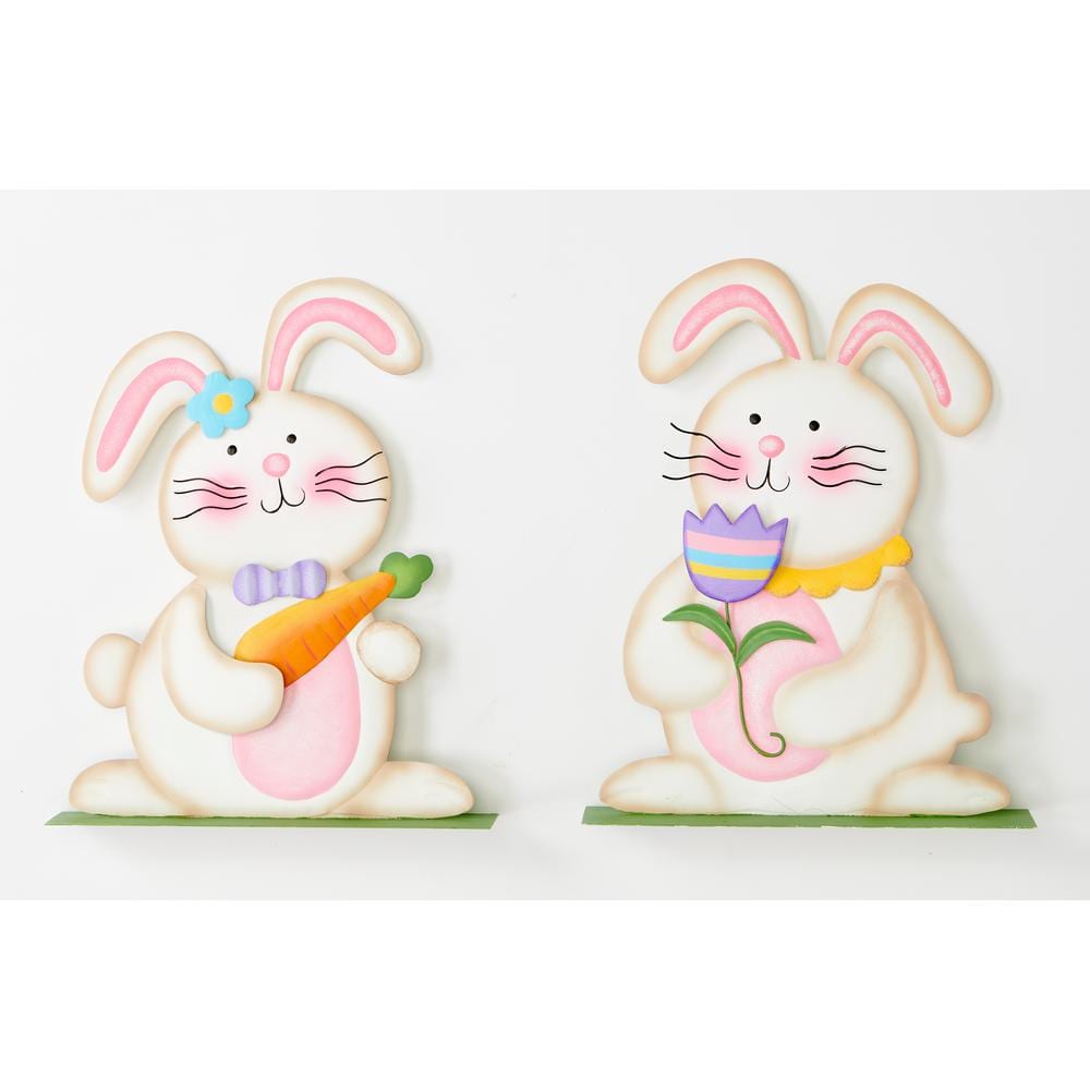 12 in. Metal Tabletop Easter Bunny Holding Flower and Carrot, Set of 2 - Hercitys