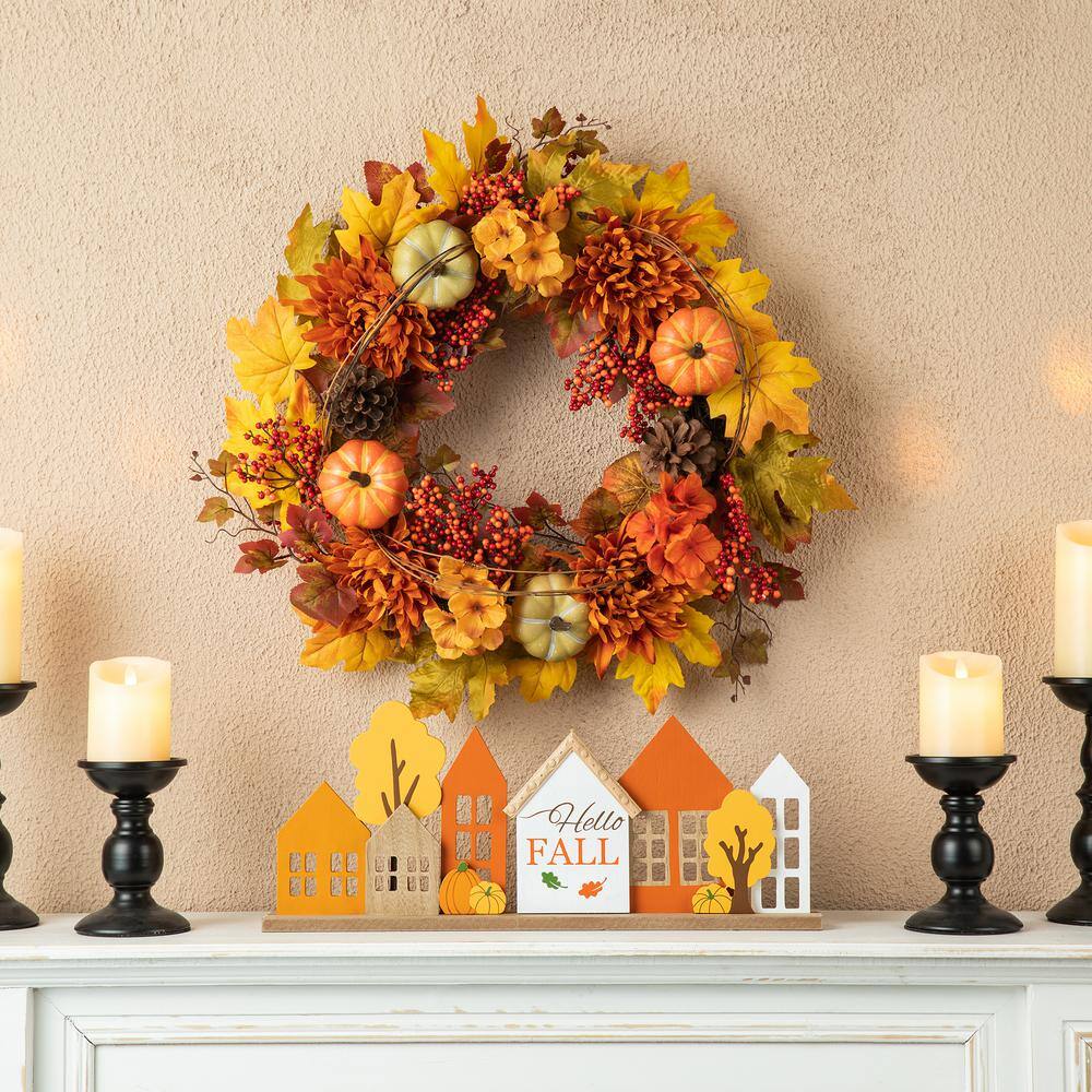 24 in. D Fall Unlit Dahlia Pumpkin, Leaf and Berry Wreath - Hercitys