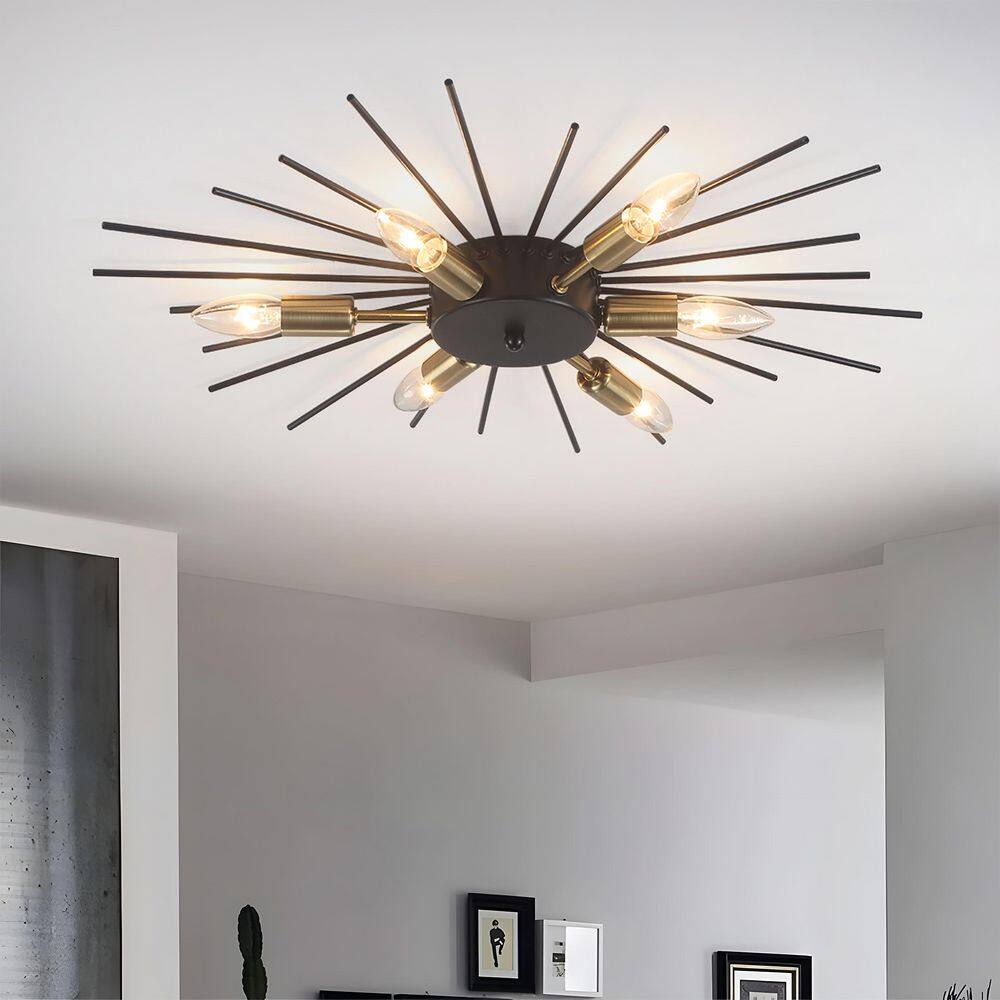 23.82 in. 6-Light Black and Gold Modern Metal Starburst Flush Mount Ceiling Light - Hercitys