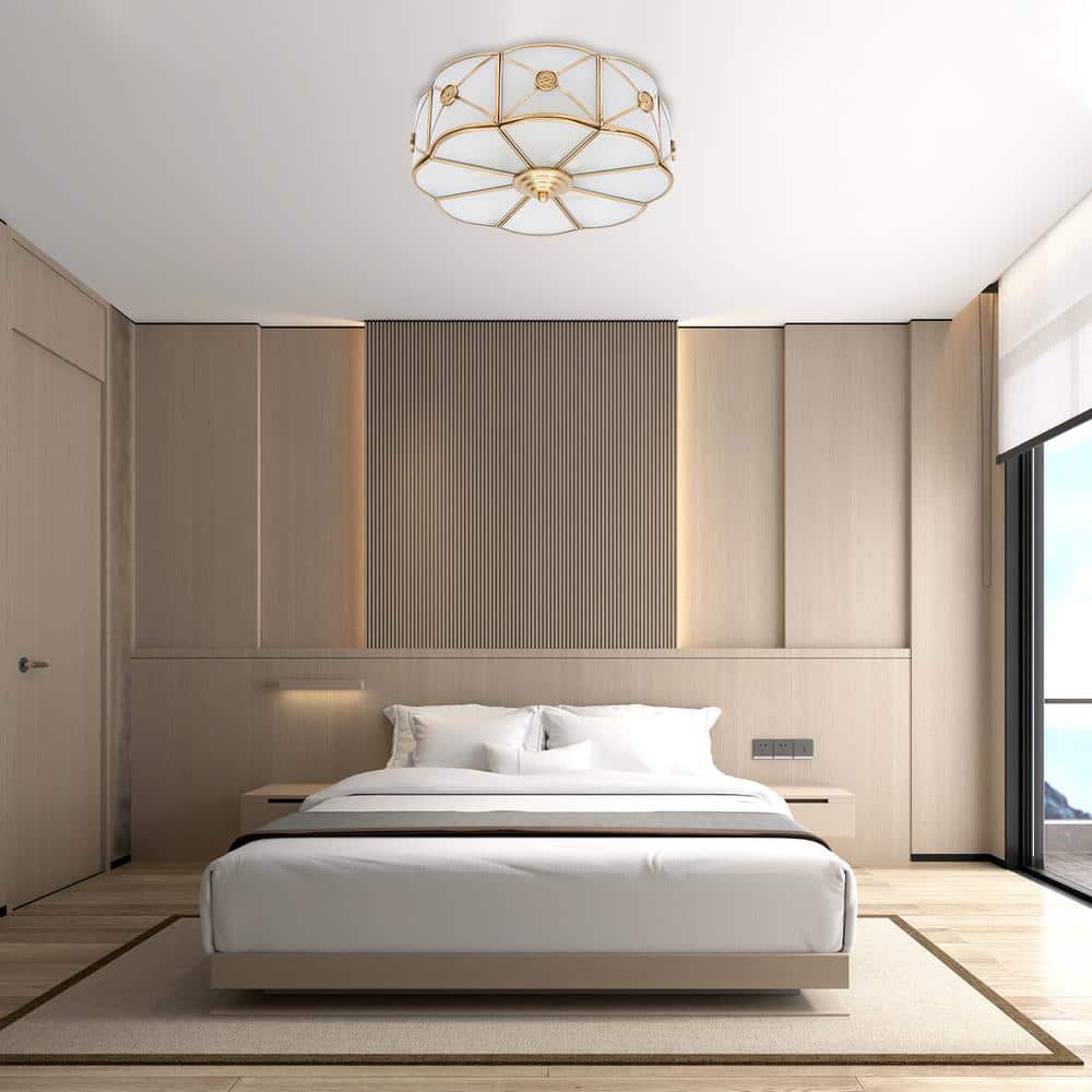 13.78 in. 3-Light Gold Modern Flower Shaped Flush Mount Ceiling Light with White Glass Shade and No Bulbs Included - Hercitys