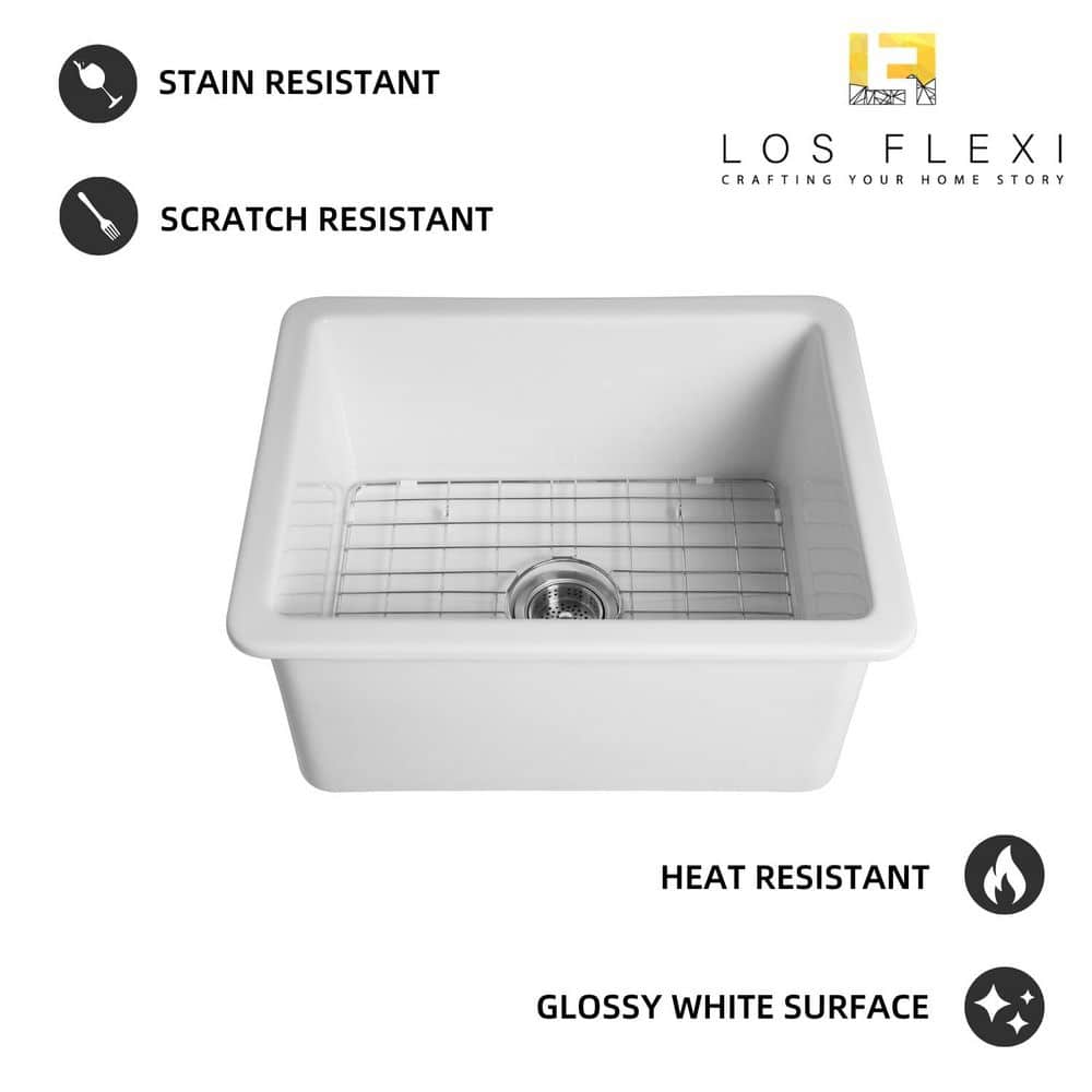 24 in. White Undermount/Drop-in Kitchen Sink Single Bowl, Fireclay Drop-in Kitchen Sink, Drain Kit and Grid Included - Hercitys
