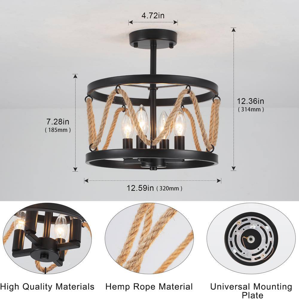 13 in. 4-Light Hemp Rope Black Semi- Flush Mount with No Bulbs Included - Hercitys
