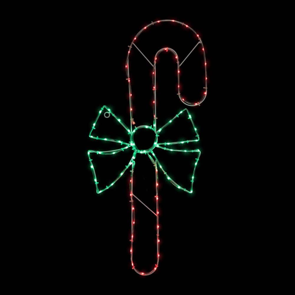 28 in. Green and White LED Lighted Candy Cane with Bow Christmas Window Silhouette - Hercitys