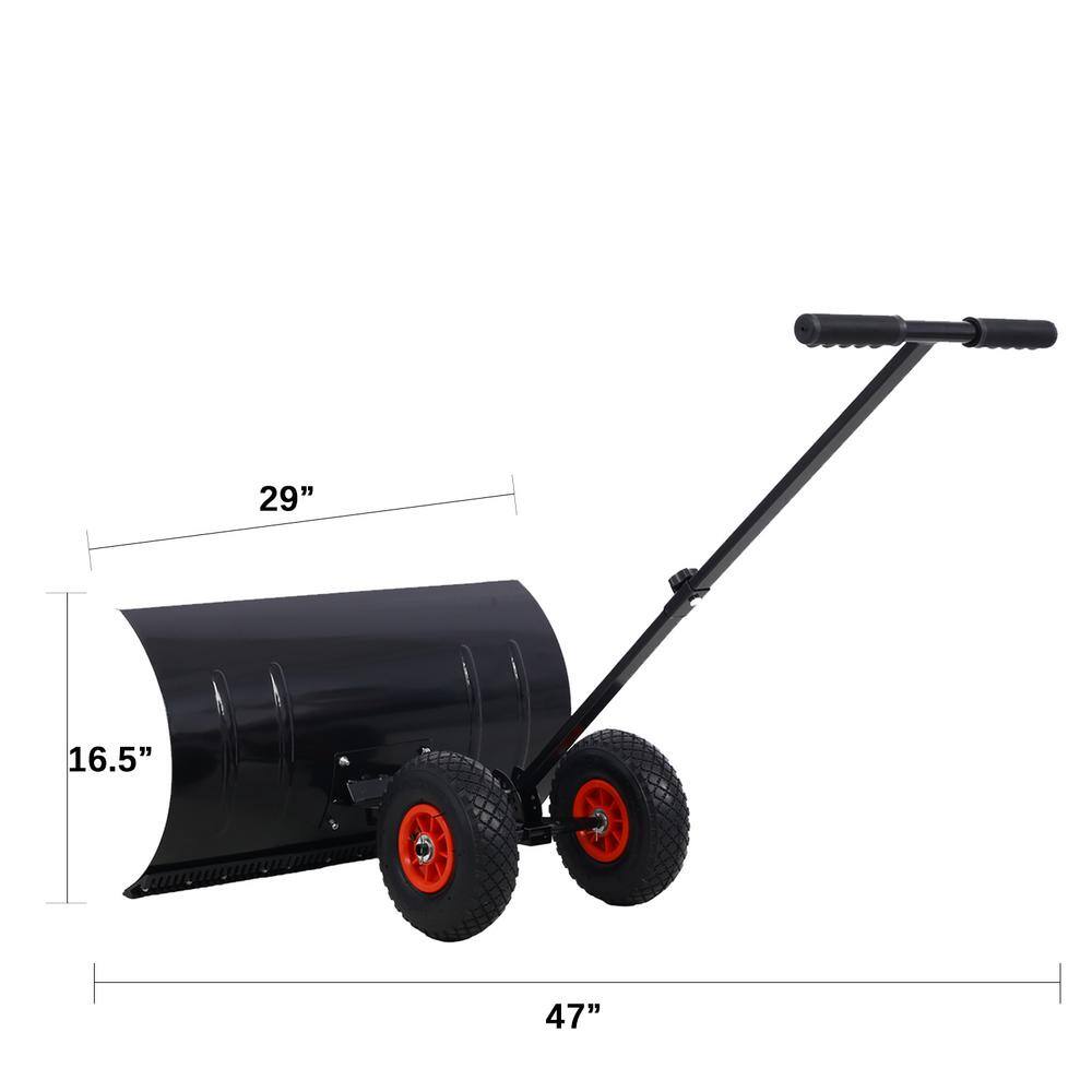 15 in. Steel Angle-Adjustable Handle Steel Heavy-Duty Snow Shovel Rolling Pusher with 29 in. Blade, 10 in. Wheels - Hercitys