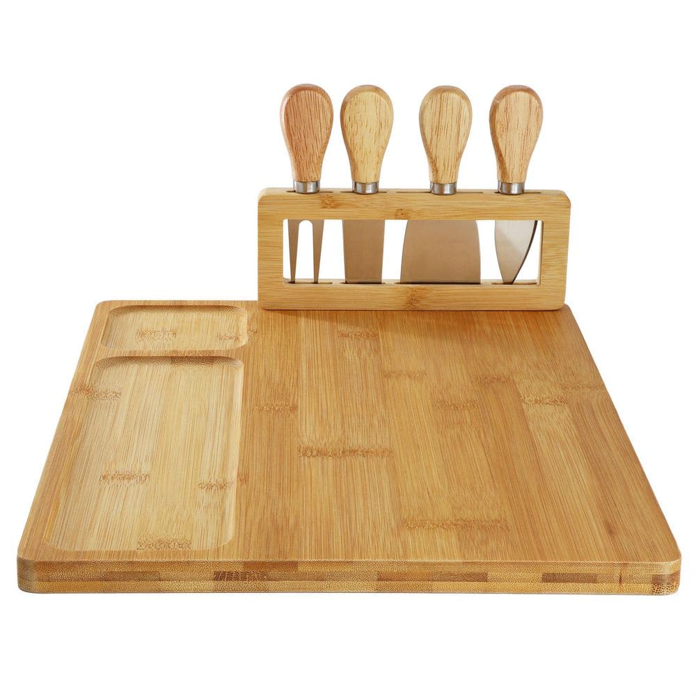 14 in. Bamboo Charcuterie and Cheese Board with Knife Stand Attachment and 4 Piece Knife Set - Hercitys