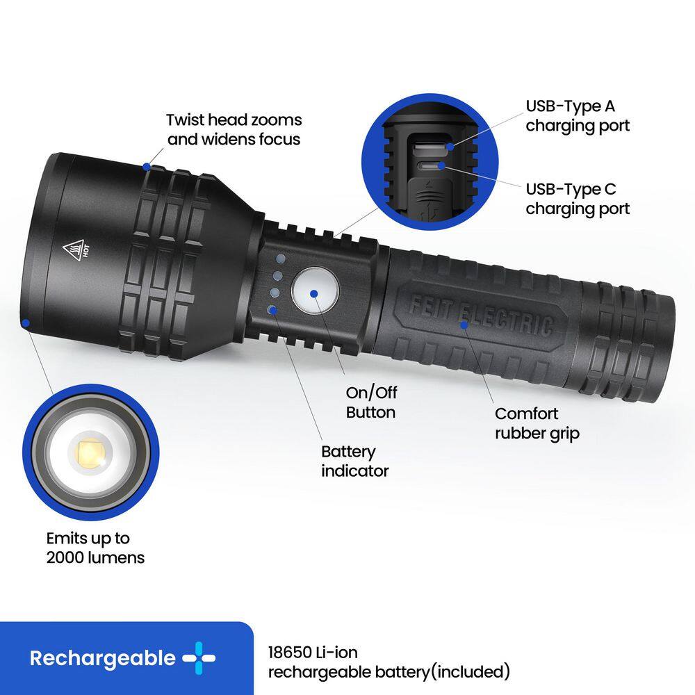 2000 lumens 7.5 in. Dual Power LED Rechargeable Long Range Handheld Flashlight (3-Pack) - Hercitys
