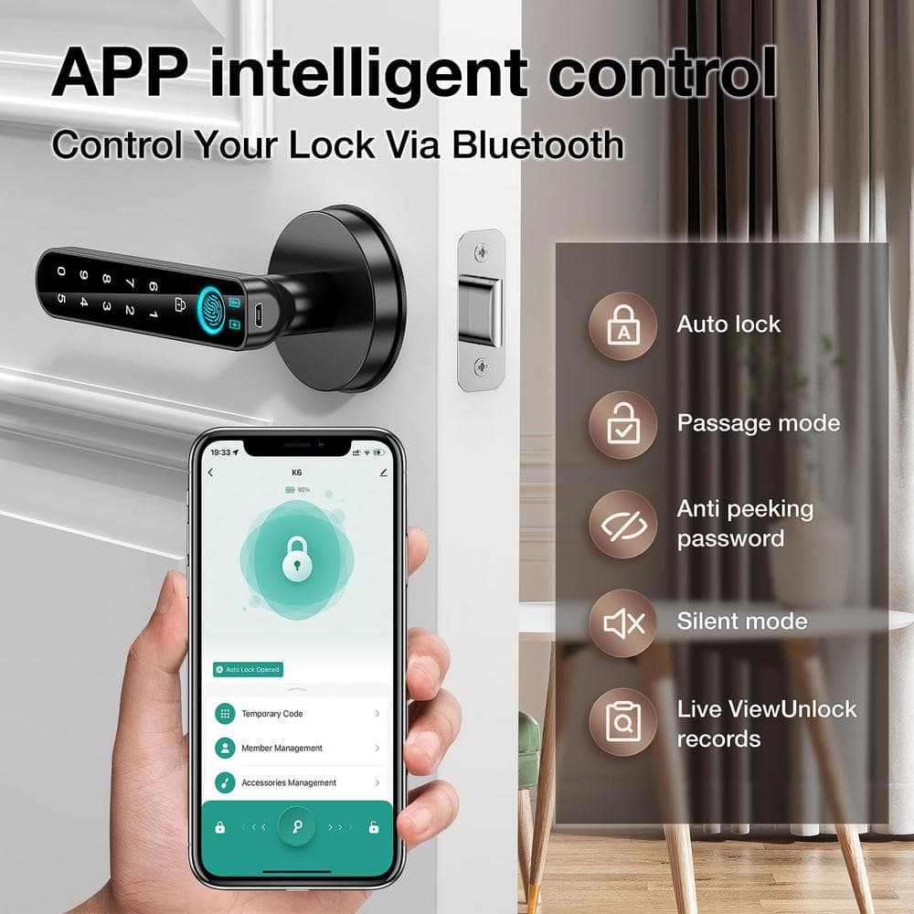 4 in 1 Smart Biometric Fingerprint Lever Door Knob with Passcode Numeric Keypad and App Control in Black - Hercitys