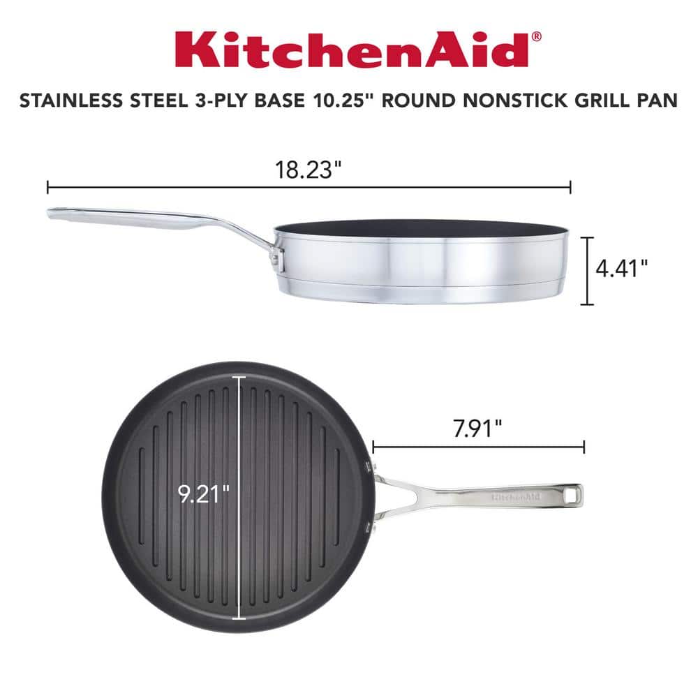 3-Ply Base Stainless Steel Nonstick Round Grill Pan, 10.25 in., Brushed Stainless Steel - Hercitys