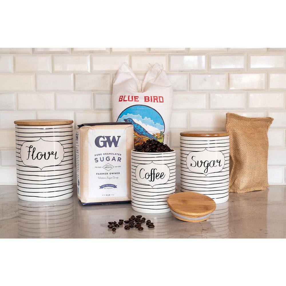 3 Piece Set Ceramic/Bamboo Coffee, Sugar, Flour Kitchen Canister, Everyday Black/White - Hercitys