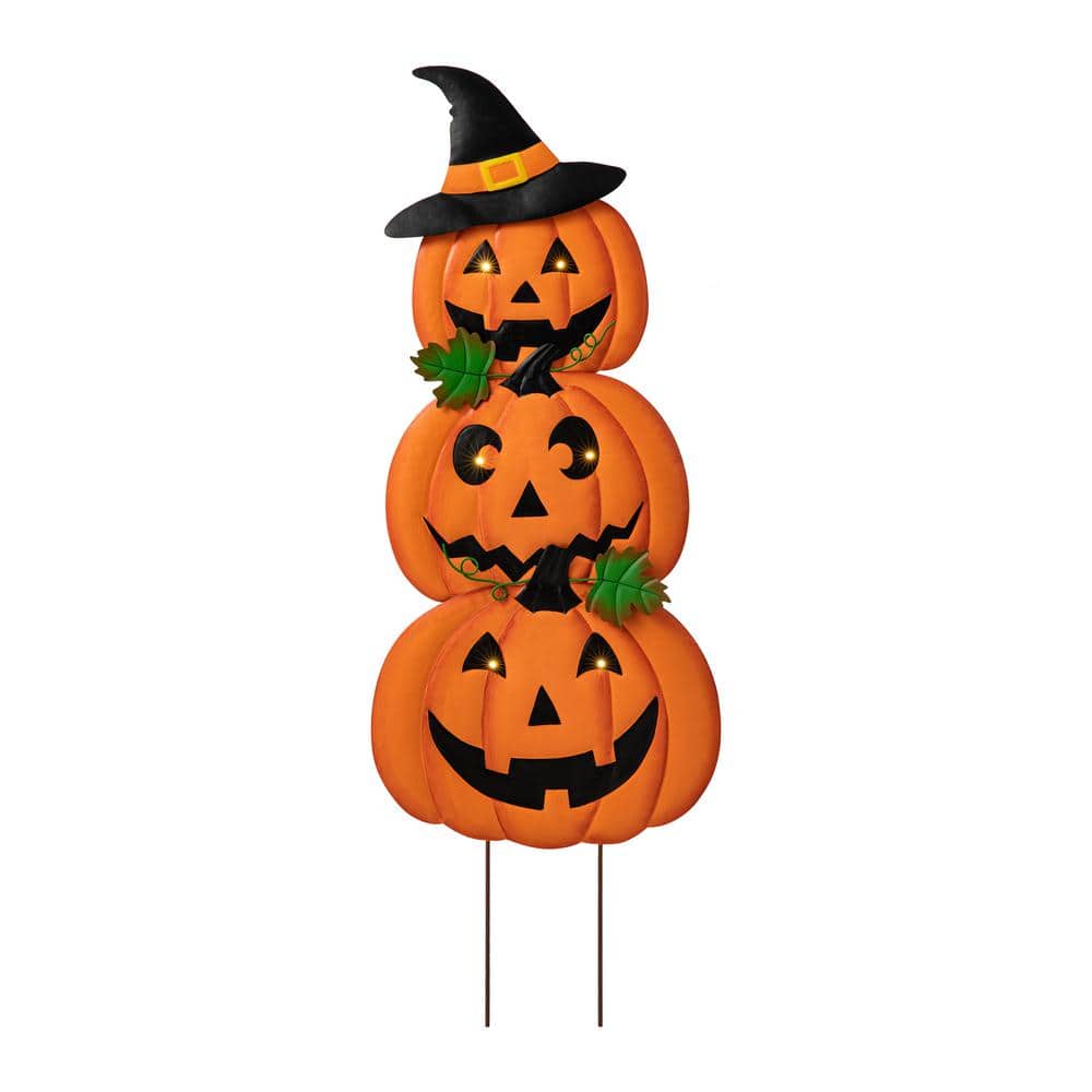 39.75 in. H Halloween Lighted Metal Stacked Jack-O-Lantern Yard Stake or Hanging Decor (Set of 3) - Hercitys